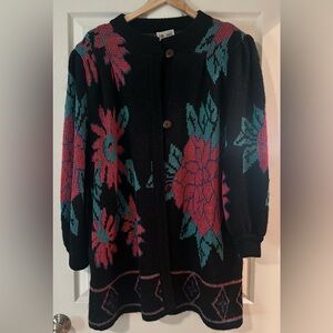 Vintage Women’s JM JOSS Black Floral Cardigan Mohairwool Blend Shoulder Pads XXL